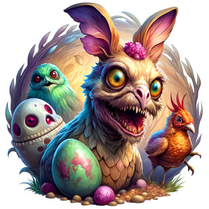 zombie bunny and chicken, tshirt design, easter, 32K, super clear quality, transparent quality, eggs, stones, flight, White Background