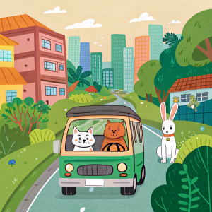 GrabPet service transporting various pets including a dog, cat, and rabbit through the bustling streets of a vibrant, green city in the Philippines.