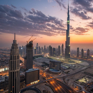 Aerial view of Dubai's skyline at dusk. Burj Khalifa towering over a bustling metropolis filled with towering skyscrapers and active construction sites