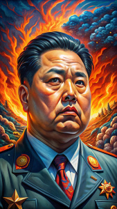 Create an image with texture and cold colors, where Kim Jong-un, president of North Korea, appears in traditional clothing, looking to the right and behind him, the North Korean flag is textured above, explosions of red and orange fire, a painting with texture, hyper-realistic, 4k, call of duty style


