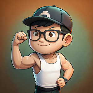 Cartoon asian teen Muscle guy flexing with black trucker hat and white muscle tank and reading glasses tattoo on the right arm