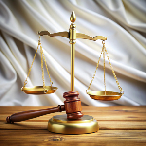a gold measuring scale and a wood gavel with a white flag in background