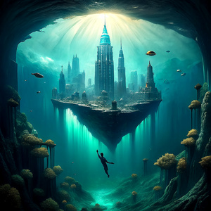 A freediver free falling to deepest depth in the ocean and there's an atlantis city beneath the depth