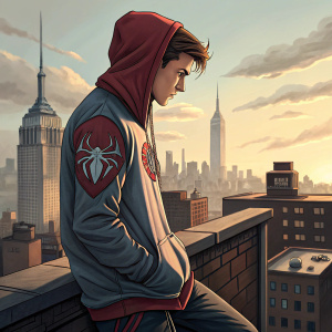 Peter Parker in a casual hoodie, side profile. Stark Tower in the background.