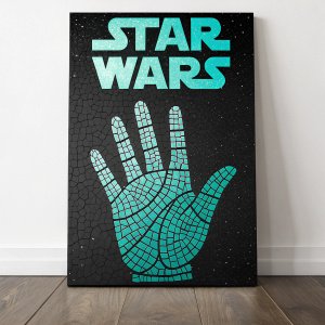 A custom 'Star Wars' themed art piece. Mosaic style poster with lines from the movies forming a hand shape. Dark background, highlighted with turquoise accents.