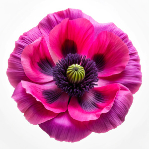 Overhead photo of fuchsia poppy Papaver rhoeas, no background, white background.