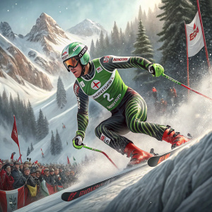 Marcel Hirscher on a green and black ski outfit, competing in a snowy, steep slope. Crowds cheering in the background