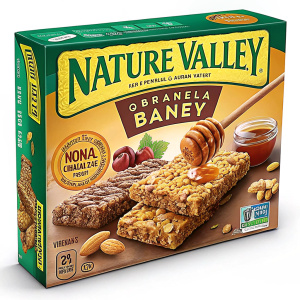 A vibrant Nature Valley box featuring a variety of flavors. The packaging highlights different granola bar types with a focus on the honey-drizzled option. Modern, eye-catching design.