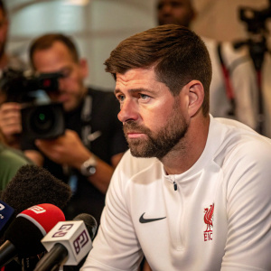 Steven Gerrard, former footballer, in a serious expression. Bearded and wearing a Nike logo white shirt. He's in the middle of a press conference.