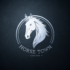 Logo blanco silueta herradura con caneza se caballo delicado adentro, fondo negro, nombre "horse town" debajo