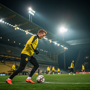 Marco Reus during an intense training session at Borussia Dortmund. Floodlights illuminate the pitch.