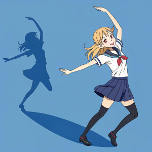 Digital artwork featuring Yamada Elf. Anime girl with blonde hair, Japanese school uniform. Solid blue background. Yamada Elf's silhouette dancing on the left side.