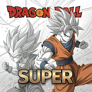 Line art illustration featuring Goku and Vegeta from Dragon Ball Super in dynamic poses. Text 'Dragon Ball Super' and 'Super' are highlighted in bold letters.