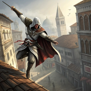 Ezio Auditore from Assassin's Creed series, mid-jump, wielding a bow. Medieval cityscape background, intricate textures and shading