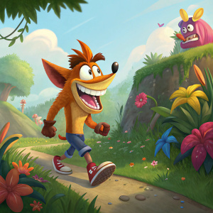 A digital artwork featuring a joyful Crash Bandicoot character with a wide grin, set in a vibrant game-inspired landscape.