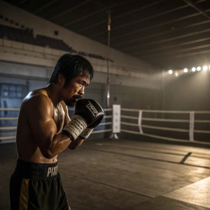 Manny Pacquiao, wearing boxing gloves, preparing for the fight inside a dimly lit, empty gym. Ring in background
