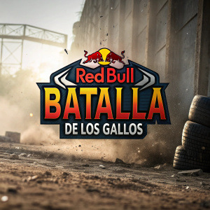 Promotional image for Red Bull Batalla de los Gallos, featuring dynamic text and logo in vibrant colors. Rough, textured background