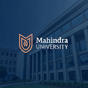 Modern logo design for Mahindra University. Abstract shape with 'Mahindra University' in sleek font. Dark blue background