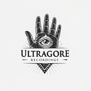 The UltraGore Recordings logo showcases a sinister hand with an eye in the palm, accompanied by sleek, modern font.