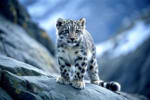 Single snow leopard cub prowling on rocky surface