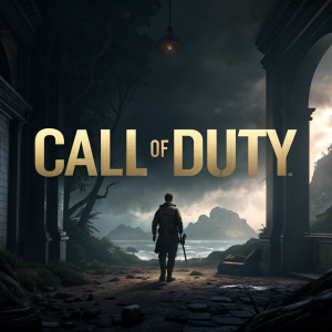 Digital matte painting for Call of Duty fan art. Dark and moody aesthetic. Black background with centered text detailing the creation process and emphasizing the immersive visual experience.