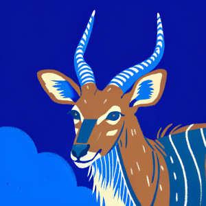 Digital 3D model of a nyala, an African antelope. Close-up view, dark background. Detailed horns and fur texture.