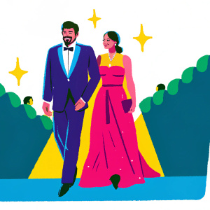 Monica Bellucci and Pierfrancesco Favino at the Cannes Film Festival. They are walking the red carpet. Bright and colorful lights from the paparazzi flash.