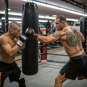 Conor McGregor and Cain Velasquez, professional fighters, training in a boxing gym. Punching bag and boxing rings visible in the background.