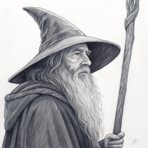 A detailed charcoal drawing of Gandalf, the Grey wizard from Middle-earth. Robe, hat, staff, and detailed facial features. A minimalistic, artistic sketch focusing on defining lines and shadows.
