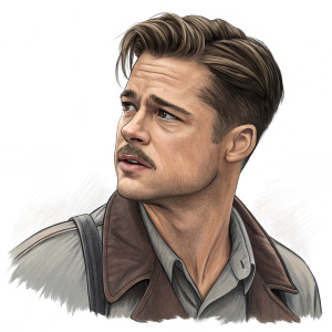 Digital sketch of Brad Pitt. From Inglourious Basterds. Thoughtful expression, mustache, brown and gray tones, white background.