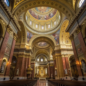 St. Stephen's Basilica, Budapest, Hungary. Inside, grandeur and beauty. The ceiling painted with celestial figures. Statues of saints and stained glass windows fill the space. Rich colors of gold and marble, intricate details.