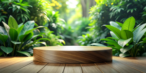 Wooden product display podium with blurred nature leaves background. 3D rendering