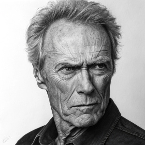 Clint Eastwood's portrait, meticulously drawn with charcoal. Focus on Clint's face, highlighting his distinguished features and wrinkles, with deep contrast between light and shadow, giving a powerful, intense expression.