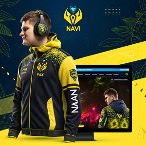 Digital promotional site for Na'Vi. Central graphic: gamer jacket and headset. Vibrant colors, sports elements.