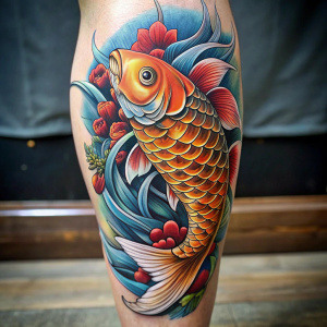 Crea un tatuaje realista al máximo detalle de una carpa koi con un estilo tradicional japonés (Irezumi) en la zona de la pierna.
