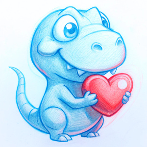 Cute T-rex holding in his hands red heart