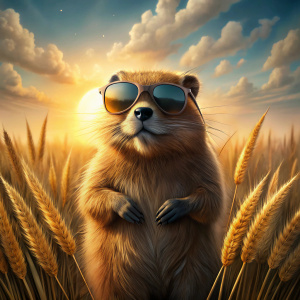 beaver wearing sunglasses, realistic, atmospheric in the wheat field