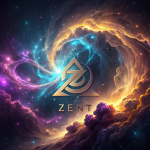 Futuristic digital art of ZENT logo. Cosmic background with swirling nebulae in purple, blue, and golden hues. Geometric shapes and lines add a sleek, modern look