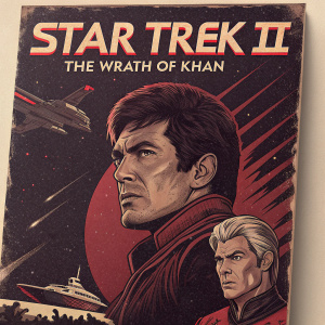 Vintage VHS cover art for 'Star Trek II: The Wrath of Khan'. Dark and moody color palette with red highlights. Features Kirk, Spock, and Khan in dramatic poses. Captivating description of the plot.