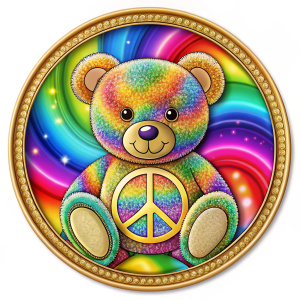 Create a colorful cartoon drawing of Teddybeer with the hippe peace sign, and the word 'LOVE' in rainbow swirl patterns, golden glitter, in a Rond frame, no background.