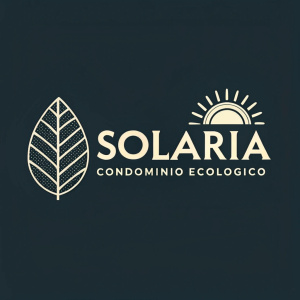 Logo for 'Solaria', an eco-friendly initiative. The design features a stylized leaf and sun symbol, along with the brand name 'CONDOMINIO ECOLÓGICO'. Monochromatic color palette with a dark background and light text. Versatile for various media.