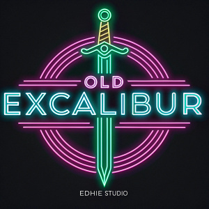 Old Excalibur logo, designed by Edhie Studio. Neon colors on a black background