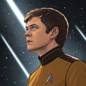 Ensign Pavel Chekov, Star Trek character, depicted in digital art. Dark space background, bright light beams. Serious expression, short brown hair