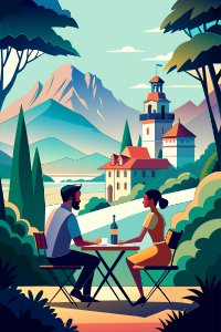 couple facing each other sitting on a table outdoors