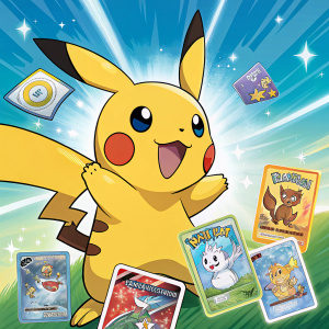 Advertisement for Pokemon: Ultra Sun & Moon featuring Pikachu surrounded by various Pokemon cards. Bright and colorful background.