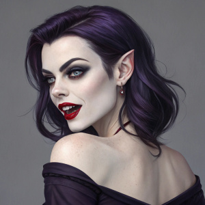 Digital art of a female vampire character. Pale skin, dark purple hair. Sharp facial features, dark eye makeup, bold red lipstick. She wears a dark off-the-shoulder dress. Gray background, close-up. Playful yet menacing expression