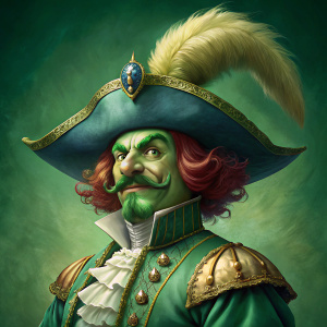 a XVII century France musketeer, with green skin and green hair and mustaches, dressed with rich and flamboyant clothes, classy and elegant, with a feathered hat, d&d art
