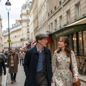 Benedict Cumberbatch and Dakota Johnson strolling down a bustling Parisian street. Benedict in a beret, Dakota in a floral dress. Crowded sidewalk, cafes, and historic architecture