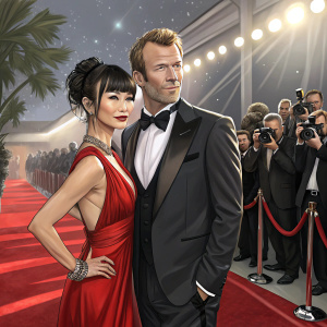 Thomas Jane and Bai Ling attend a high-profile gala. Both dressed in formal attire, red carpet setting with flashing cameras and onlookers.