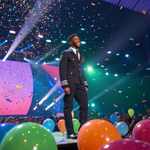 Usher at the Kids' Choice Awards. Brightly lit stage, confetti and balloons